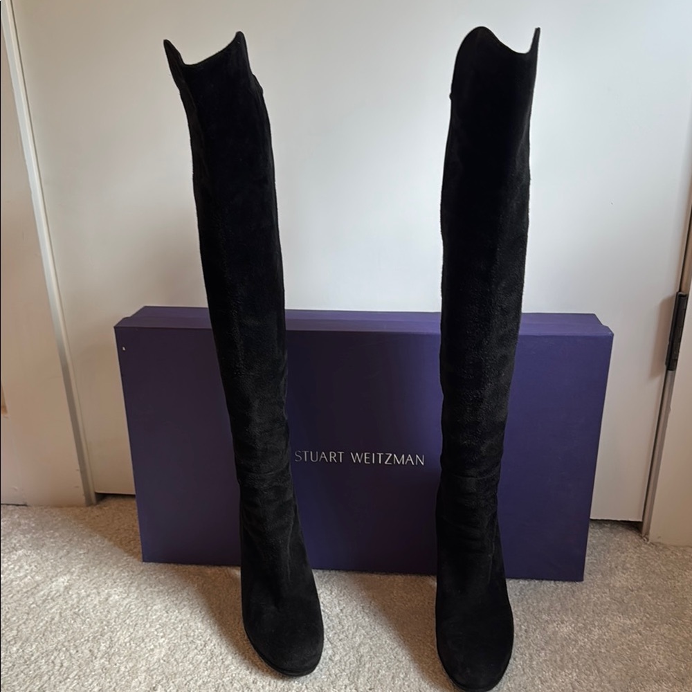 STUART WEITZMAN DEMISTRONG 5050 OVER THE KNEE BOOTS BLACK SUEDE STRETCH